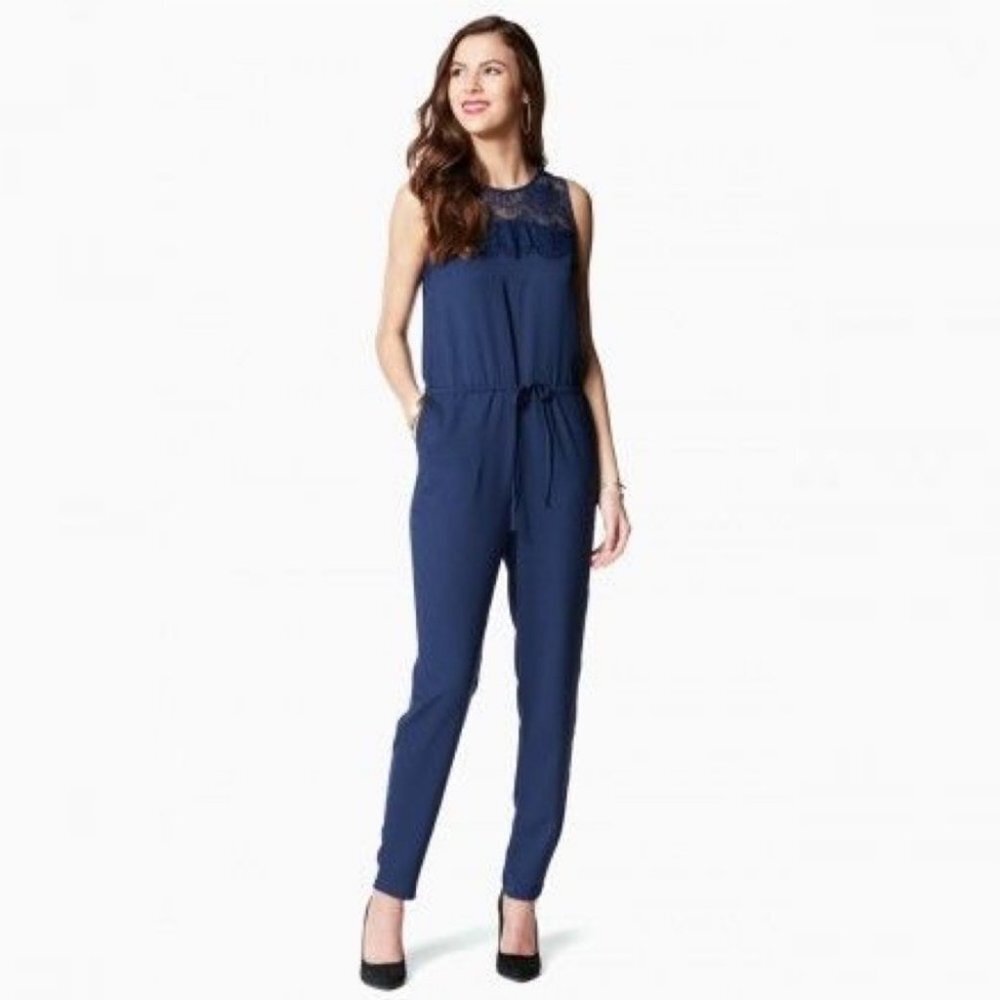 Charming Charlie Navy‎ Blue Jumpsuit Lace Fringe Tie Waist Boho Size S Bohemian
